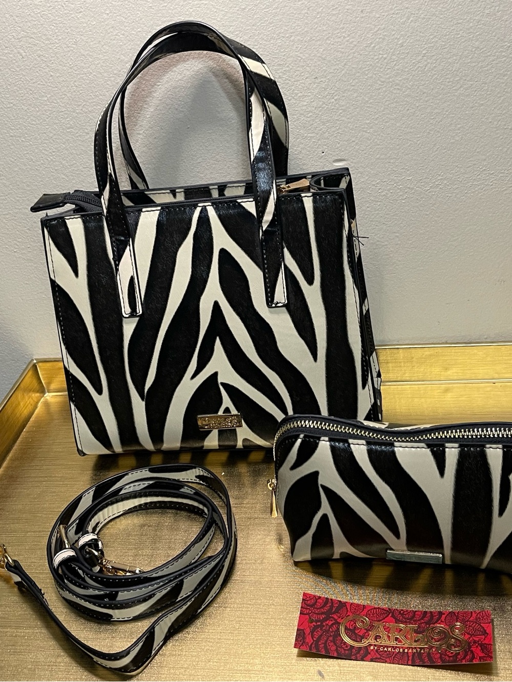 Carlos by Carlos Santana Black & White Zebra-Print Satchel with Pouch